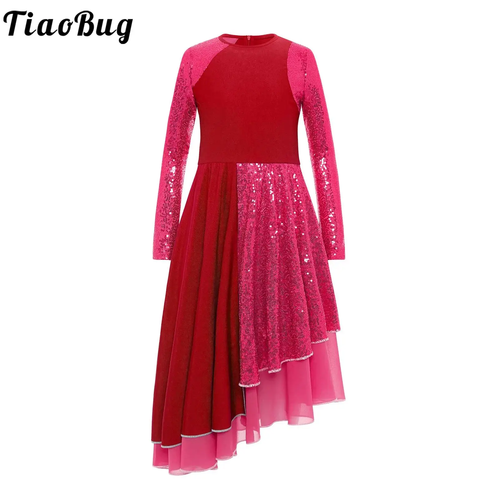 Abito da ragazza in tulle a maniche lunghe con paillettes scintillanti Danza moderna Abbigliamento da ballo lirico Pattinaggio Cerniera invisibile Abito da culto irregolare