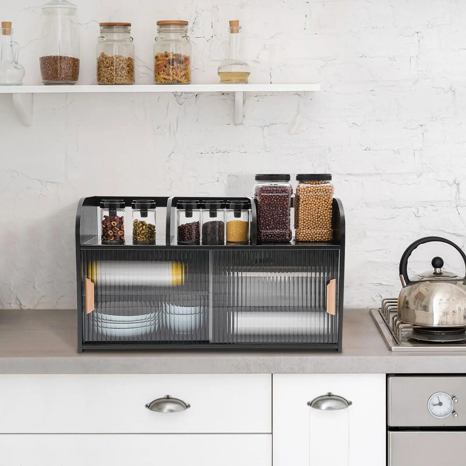 Lemari Penyimpanan Bambu, Bufet Kecil dengan Pintu Geser 3 Kompartemen Terbuka Lemari Makan Penataan Meja untuk K