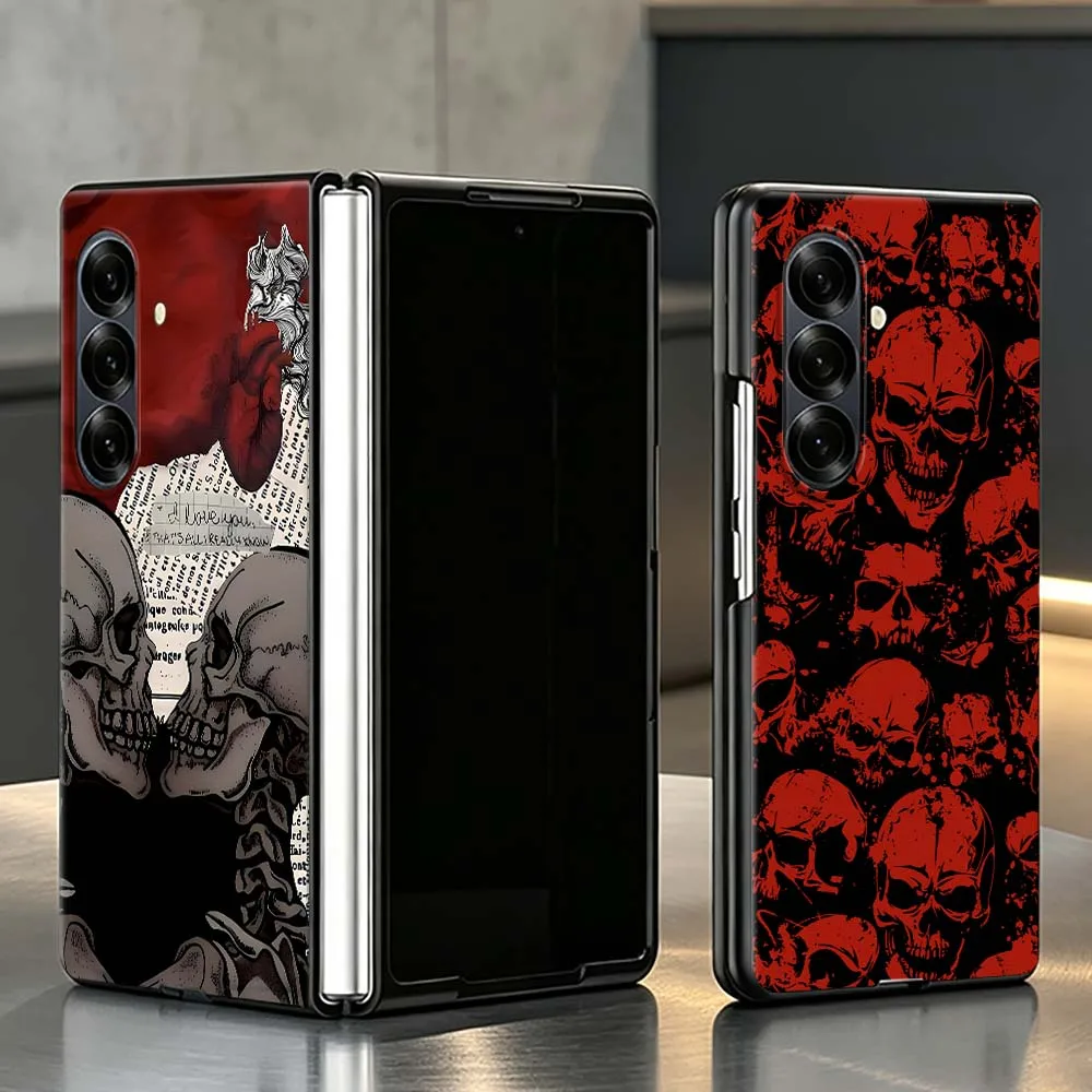 Red Flag Skull Cartoon PC Foldable Hard Phone Case For Samsung Galaxy Z Fold 3 4 5 6 7 8 5G Non-slip Shockproof Black Shell