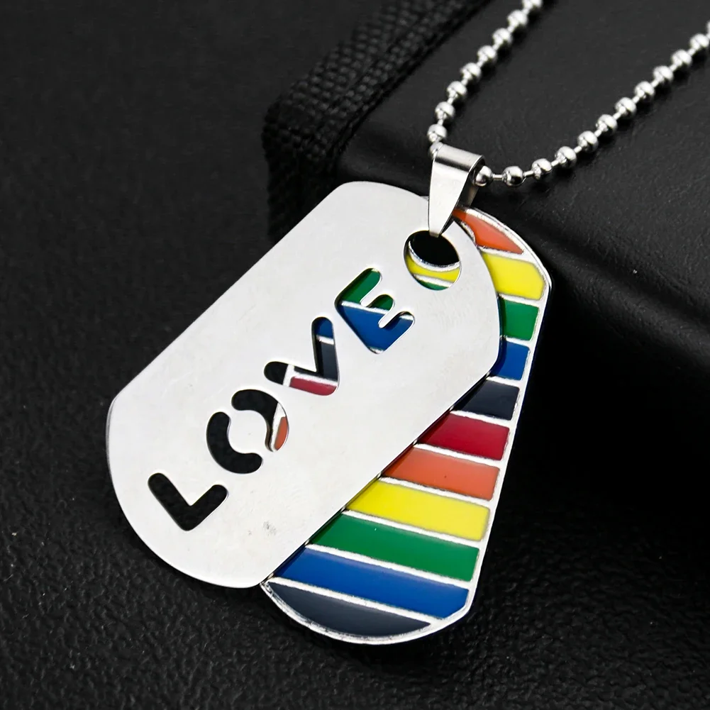 Stainless Steel Carved Love Pride Rainbow Nameplate Necklace Rectangular Pendant Suitable for Valentine's Day Gift with Couple