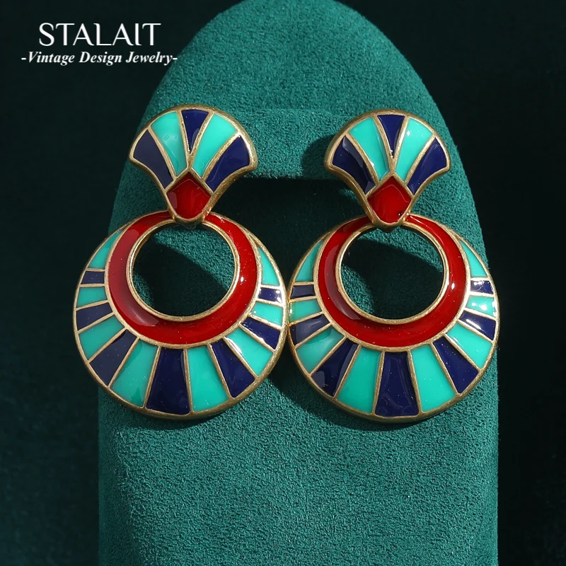 

Luxury Designer Jewelry Big Green Circle Dangle Earrings Woman Antique Gold Color Black Enamel Vintage Fashion Accessories Charm