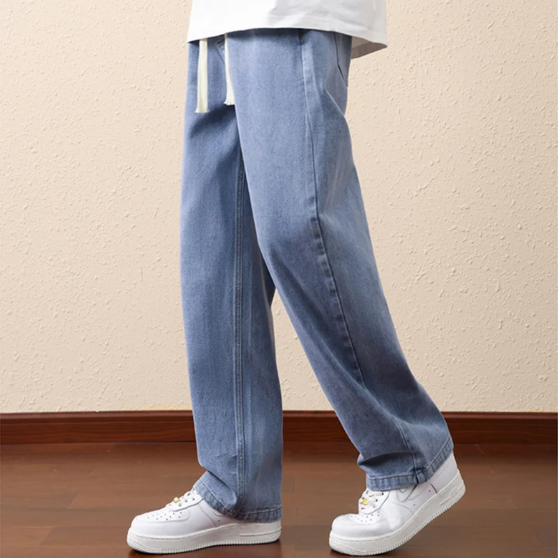 New 2023 Mens Drawstring Jeans Streetwear Loose Wide Leg Cotton Denim Pants Casual Elastic Waist Joggers HipHop Straight Trouser