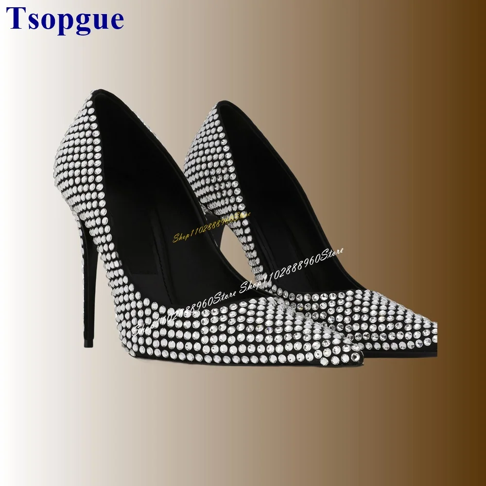 

Sparkling Black Crystal Decor Bling Pumps Thin High Heel Women Shoes Slip On Pointed Toe 2024 Fashionable Zapatos Para Mujere