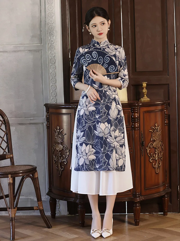 Chinese Mandarin Collar Lotus Printed Satin Aodai Cheongsam Seven Points Sleeve Qipao Chinese Women Daily Dress