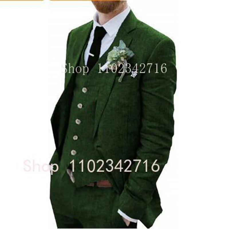 Costume Homme 3 Piece Linen Men Suits 2023 Groom Tuxedo for Wedding Groomsman Summer Beach Male Suit (Jacket+Pants+Vest) Terno