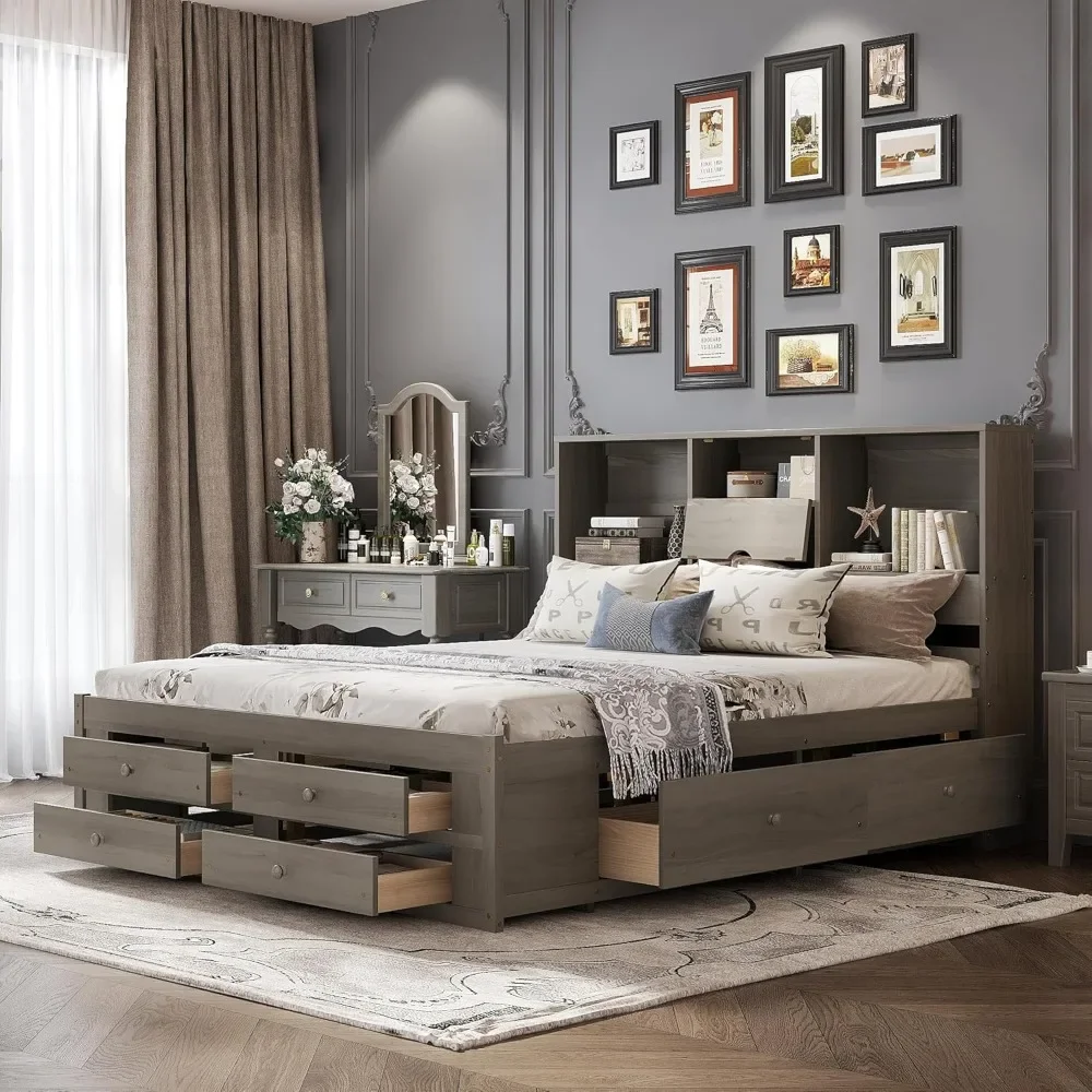 

Platform Bed with Storage Drawers and Bookcase Headboard, Storage Bed Frame for Kids Teens Adults, Bedroom Wood Bed Frame