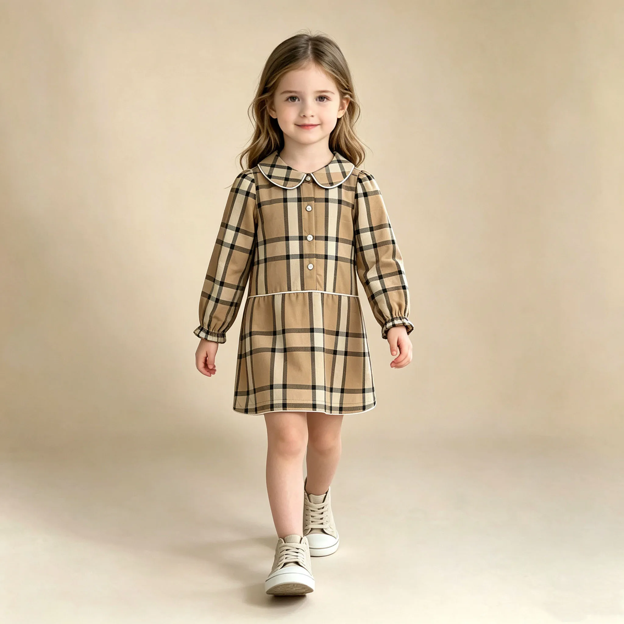 Girls' Fashionable Casual Plaid Brushed Woven Fabric Long Sleeved Lapel Shirt Dress Striped Plaid Autumn and Winter Long Sleeves