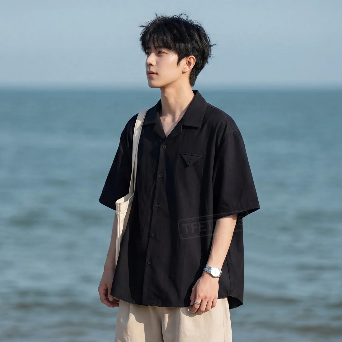 TFETTERS 2026 Summer New Beach Casual Cuban Collar Shirt Men Solid Color Linen Texture Loose Droop Short Sleeve Blouse for Man