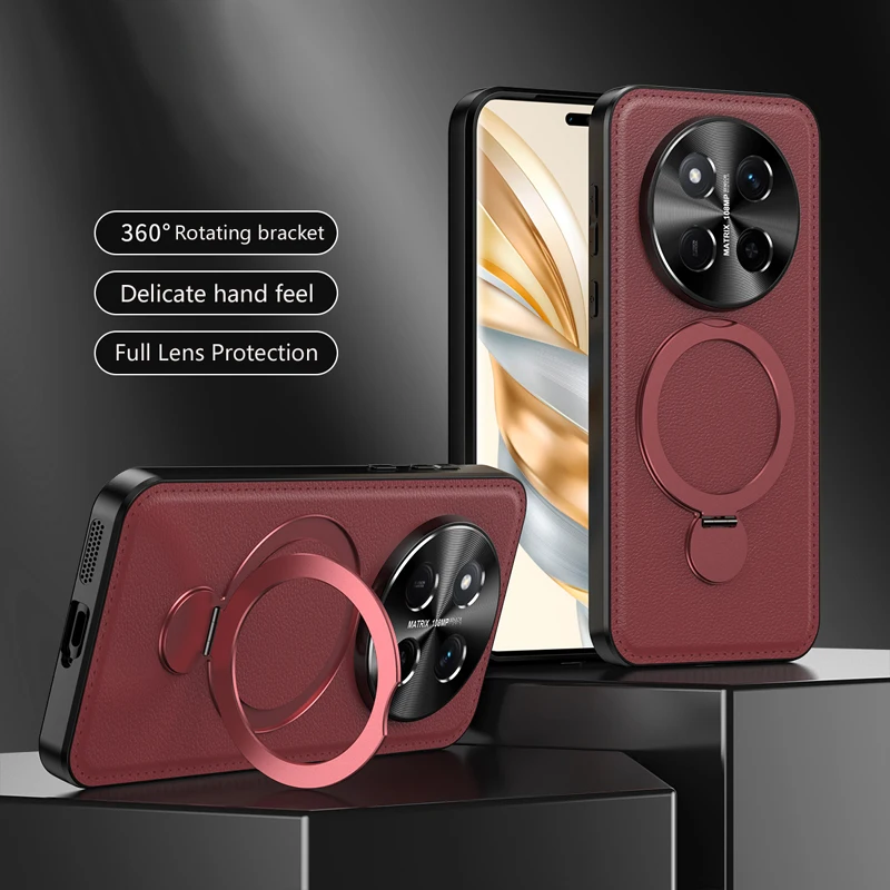 

Leather Back Cover Phone Case For Honor X9C Smart Wireless Charging Magnetic Metal Bracket Lens Protection Soft Silicone Cases