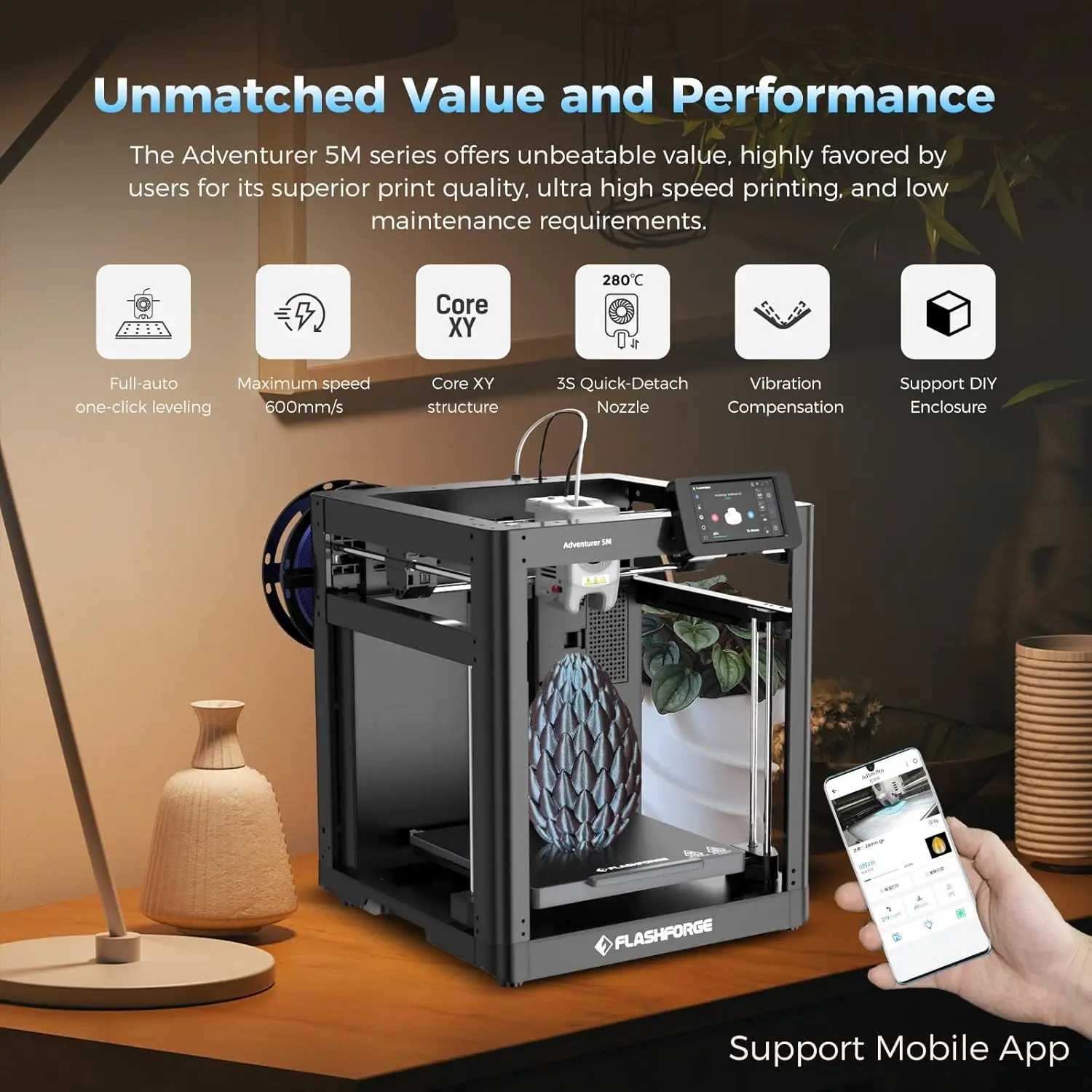 

Adventurer 5M 3D Printer with Fully Auto Leveling, Max 600mm/s Speed Printing, 280°C Direct Extruder with 3S Detachable Nozzle