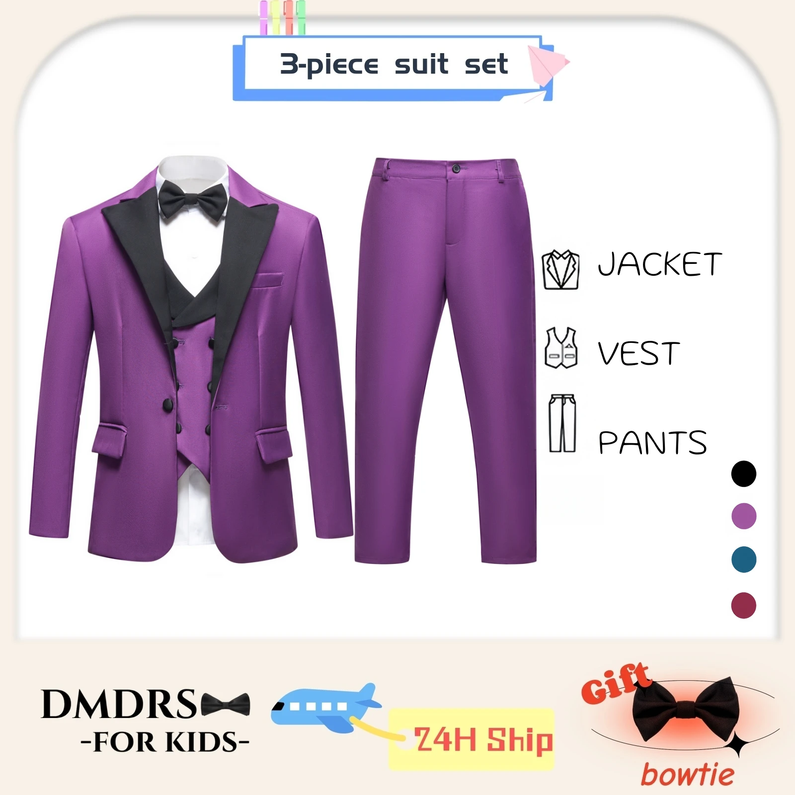 

Professhional Suit Set Factory for Boys 3-14 Years, Formal Event Dresswear for Children One Button Jacket Vest Pants Bowtie