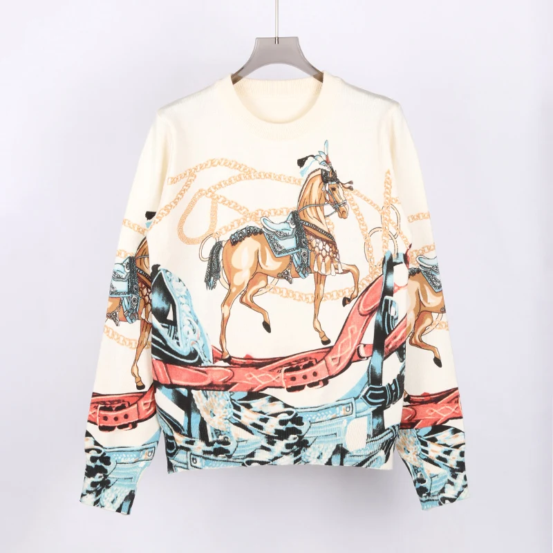 Print H Horse Knit Sweater Pullover Luxury Designer Brands Women Tops Vintage Casual Clothing 2024 Autumn Winter Knitwear Coat