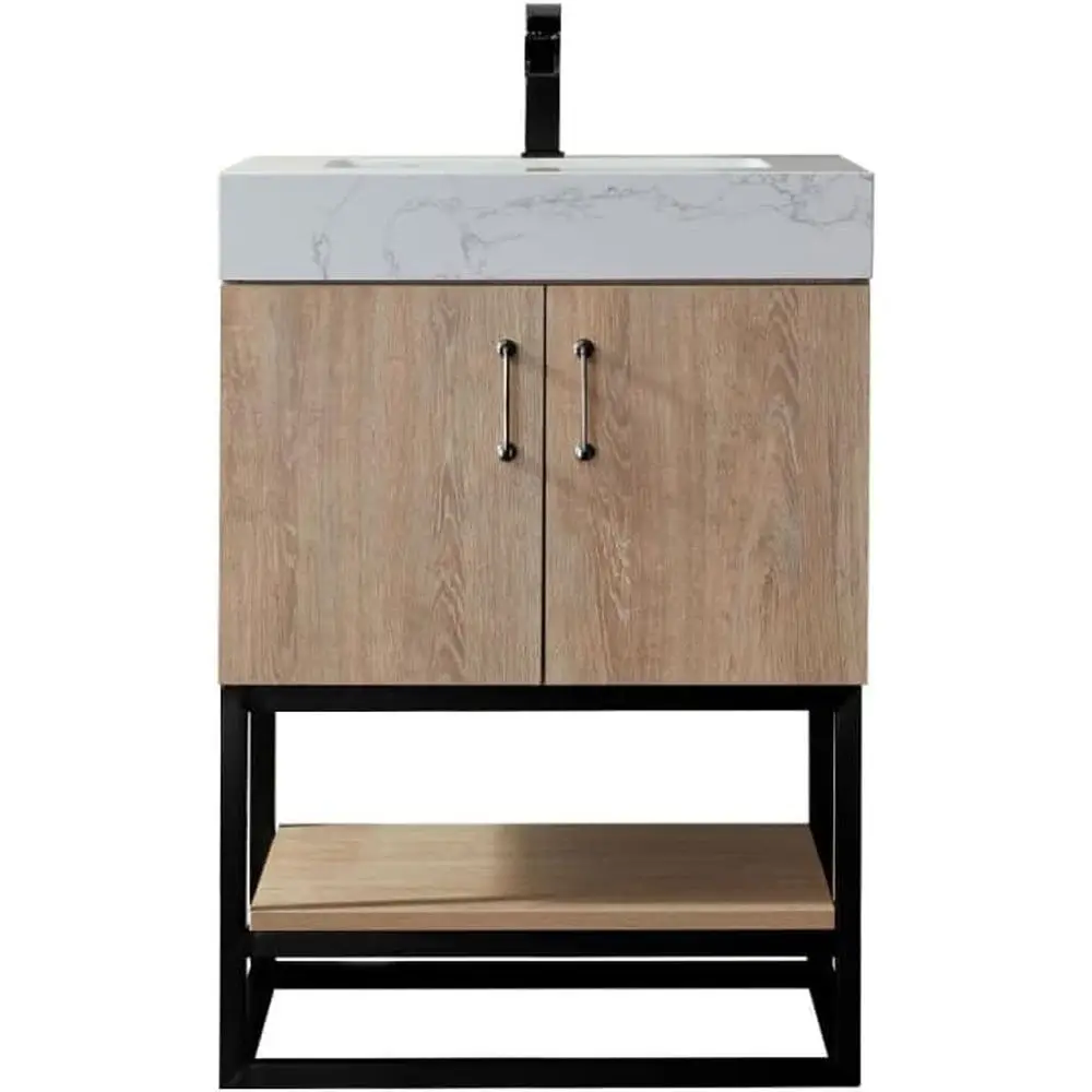 

24B Oak Single Vanity with White Grain Stone Countertop, Pre-Assembled, No Mirror