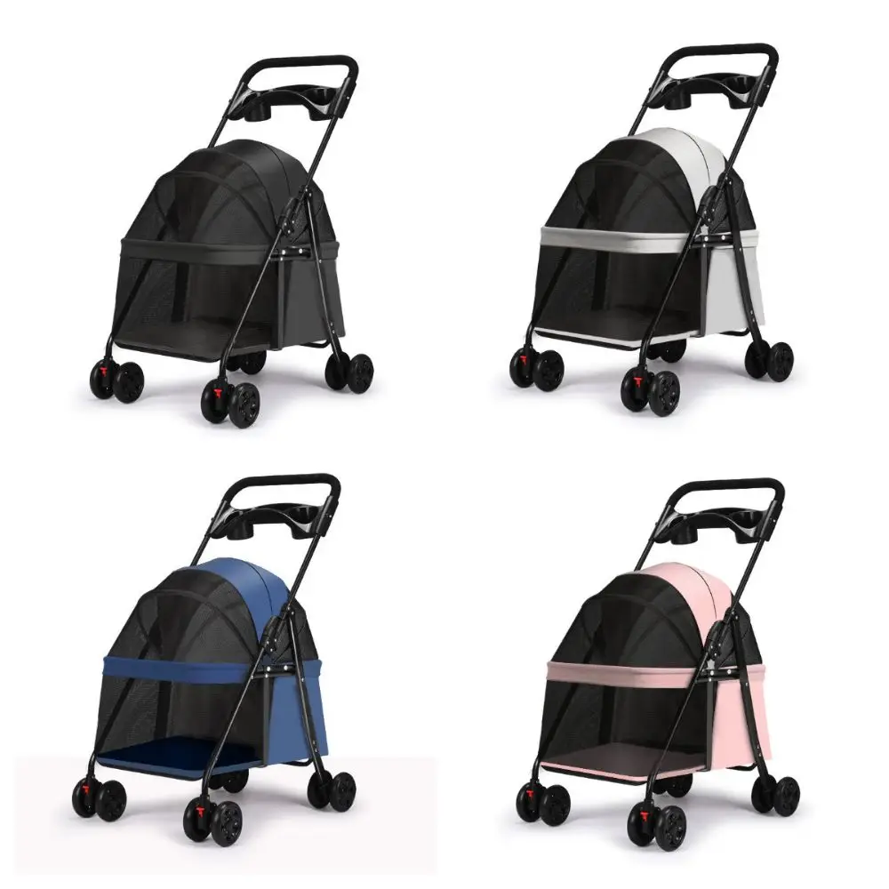 Smooth-Rolling Foldable Pet Stroller 4 Wheels Steel Frame Pet Trolley Carrier Dog & Cat Compact Pet Push Cart Puppy Kitten