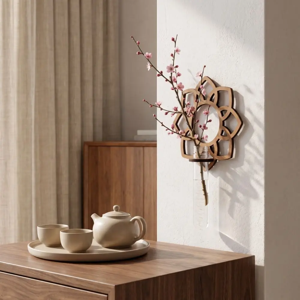 Wooden Hydroponic Plant Rack Flower Shaped Plastic Tubes Wall Mounted Planter Hollowed-out Flower Stand Home Decor