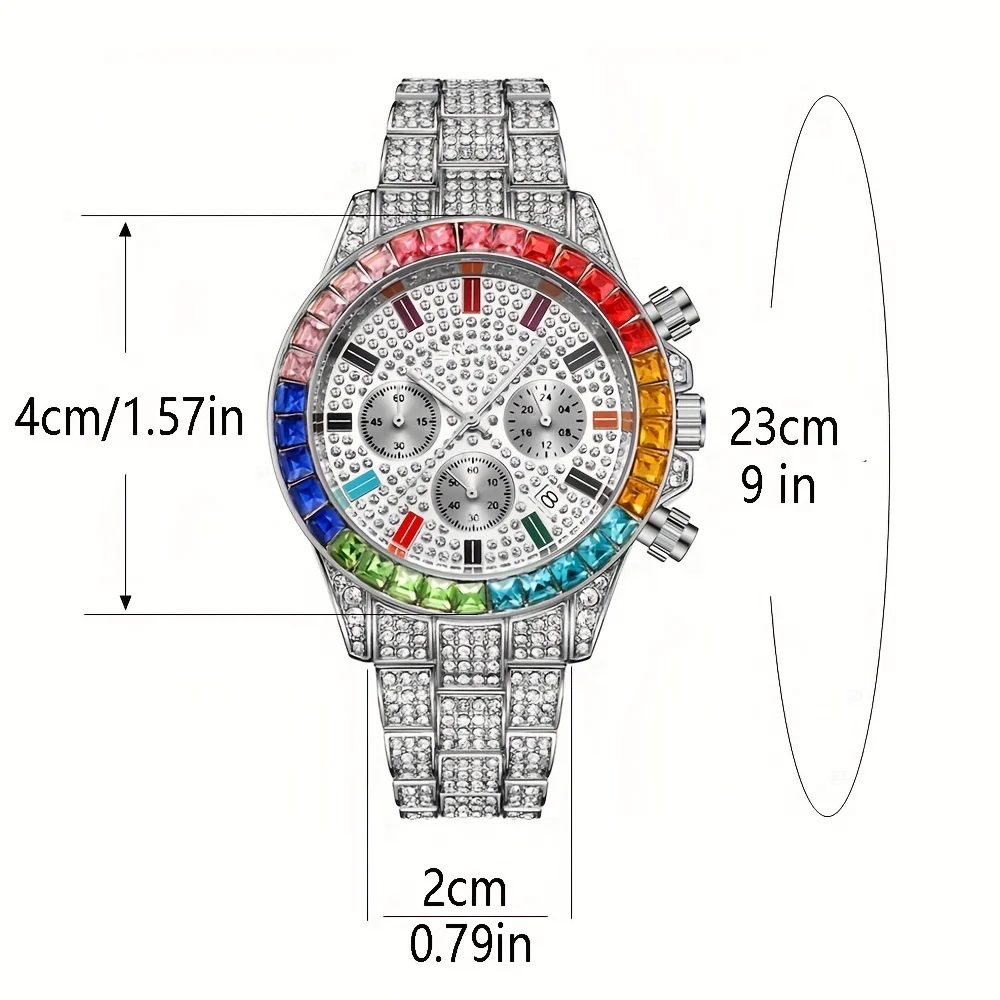 Fashion Hiphop Men's Watch Luxury Colorful Crystal Inlaid Strap Quartz Wristwatch Men Cuban Hand Chain Set