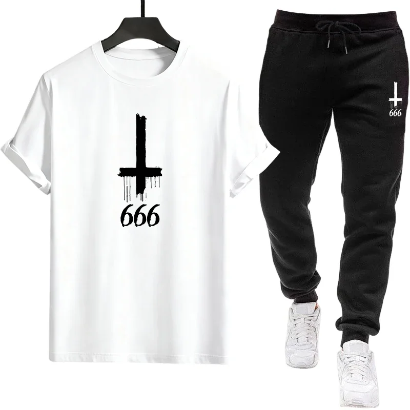 Satan 666 Inverted Cross Mens Tracksuit t-shirt + sweatpants Urban Casual Fashion Outfit Spring Summer Home Outdoor Comfort Set