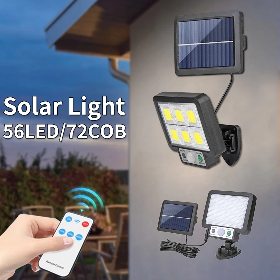 Remote Control Outdoor Solar Light 3 Modes Waterproof Motion Sensor 56LED 72COB Split Solar Lamp Garden Street Garage Lighting