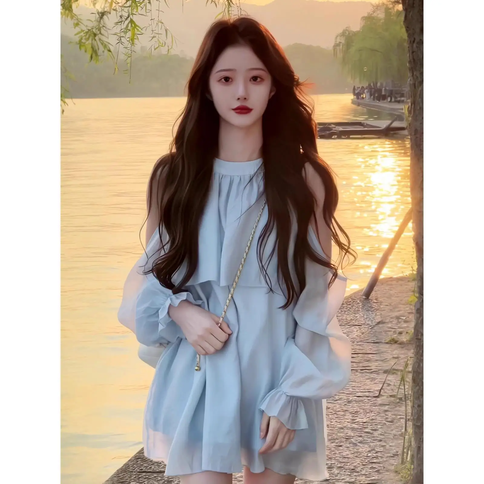 

Autumn Blue oulder Bared Long Sve Thin irt Dr Slimming Two Piece Set Women's Faion Ensemble Winter Collection