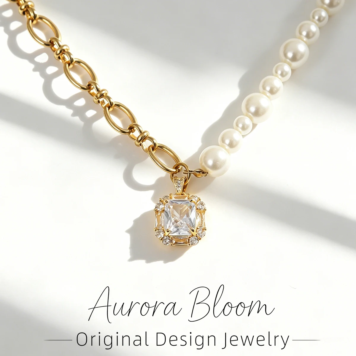 

AURORA Luxury Square Zircon Pendant Necklace For Women's Choker Necklace Pearl Beaded String Splicing Stainless Steel Jewelry