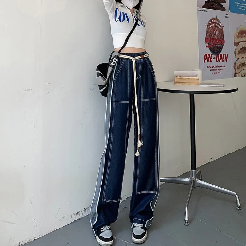 

American Street Style Wide Leg Elastic Waist Straight Denim Pants Women Y2K Grunge High Waist Baggy Denim Trouser Sweatpants