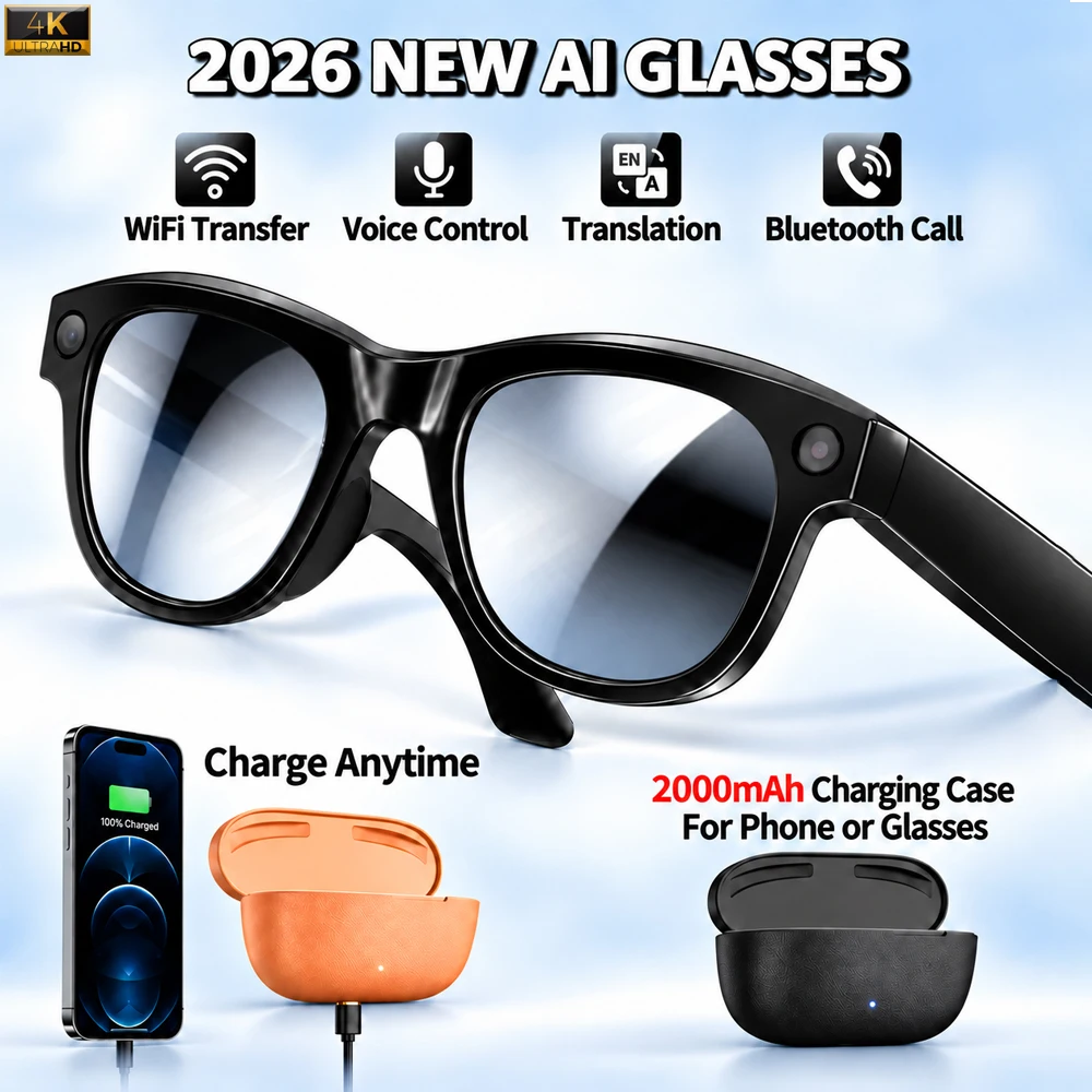 2026 Smart AI Glasses MT5-mini Chat GPT 8MP Camera Bluetooth Call 2000mAh Charging Case 32GB Voice Assistant Control AI Glasses