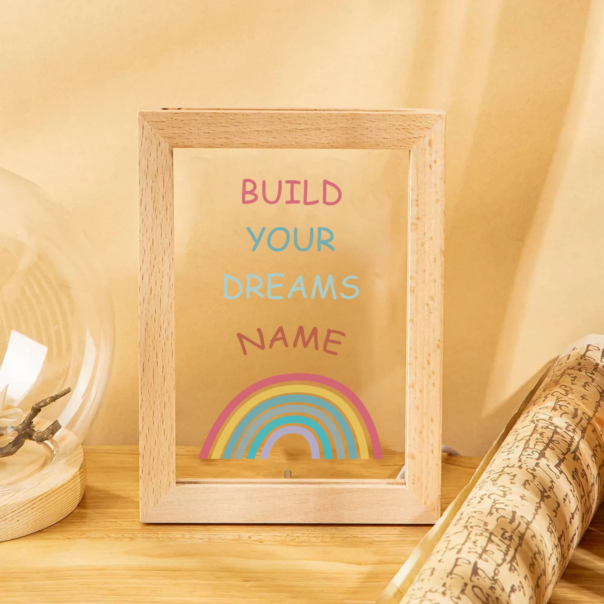 2d plana nome personalizado arco-íris led acrílico luz noturna moldura de madeira 21x17cm dos desenhos animados presentes do quarto das crianças decoração de casa