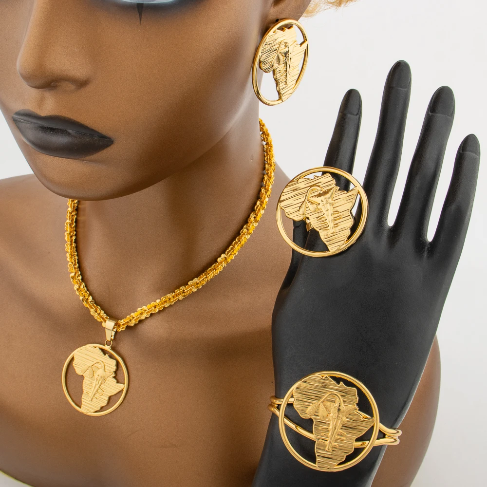 

Hot Sale African Map Design Jewelry Set Elegant Women Gold Plated Clip Earrings 4PCS Set Jewelry Accessories Ethiopia Bride Gift