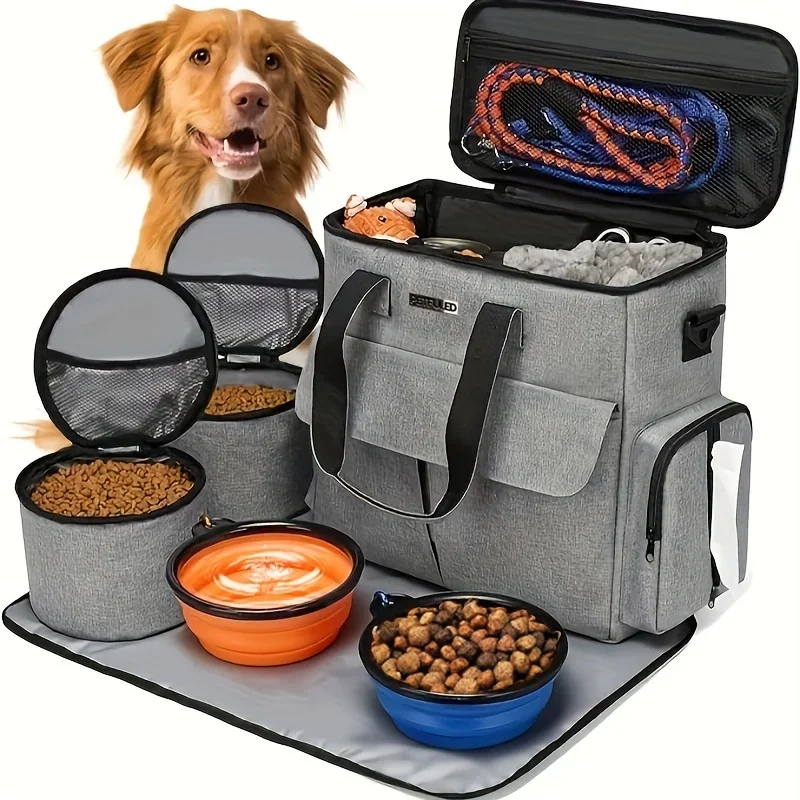 

Pet Travel Bag Set, Large Capacity, Foldable Storage Bag, Comes with 2 Food Containers and 2 Foldable Silicone Bowls, 6 Pcs