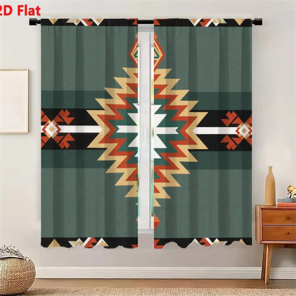 2Pcs Curtains 2D Flat Southwestern Native American Geometric Pattern Teal Black Red White Beige Seamless Decorative Textile Desi
