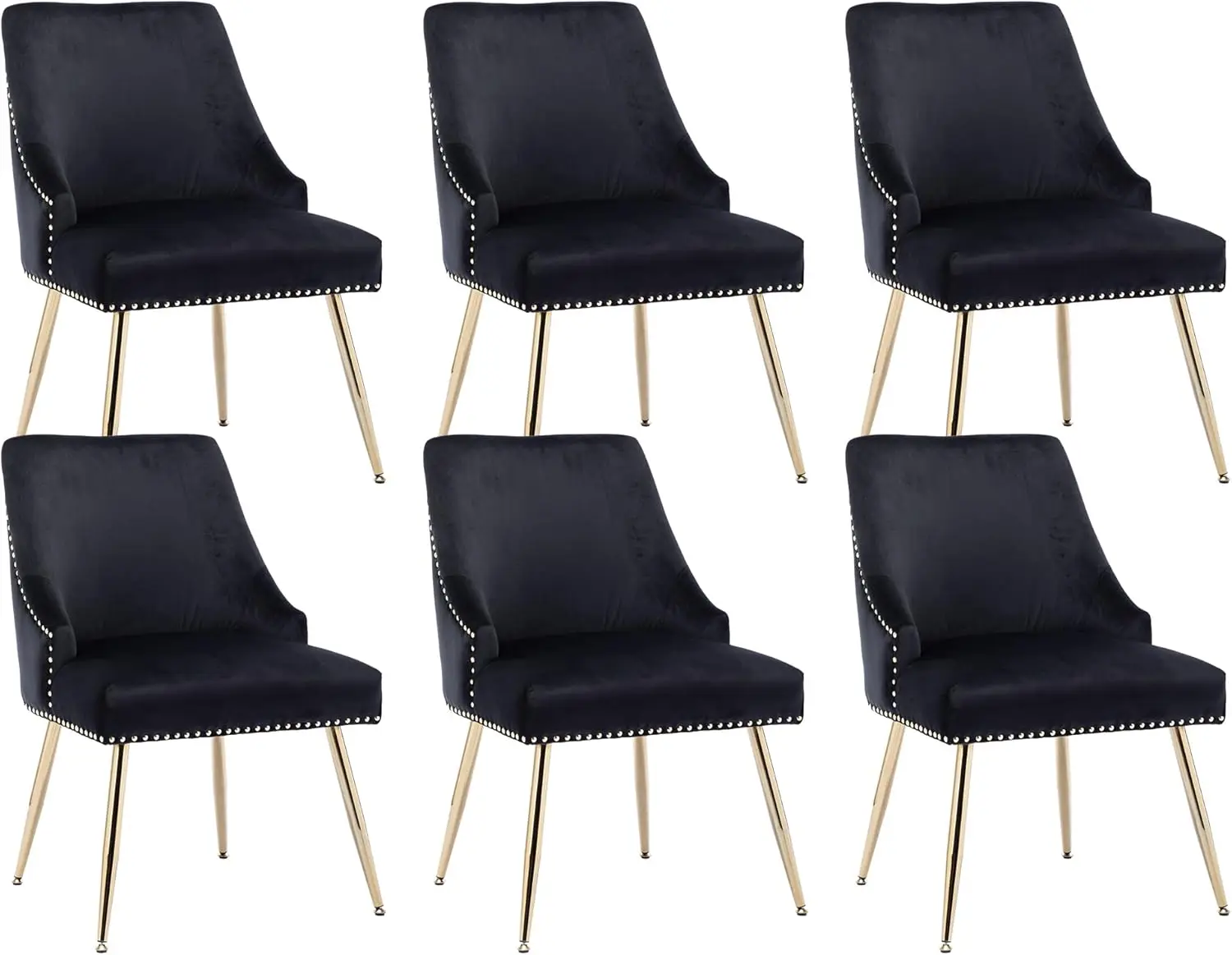 Velvet Dining Room Chairs Set of 6 Nailhead Back Ring Pull Trim with Gold Legs for Kitchen Living Room(Black)