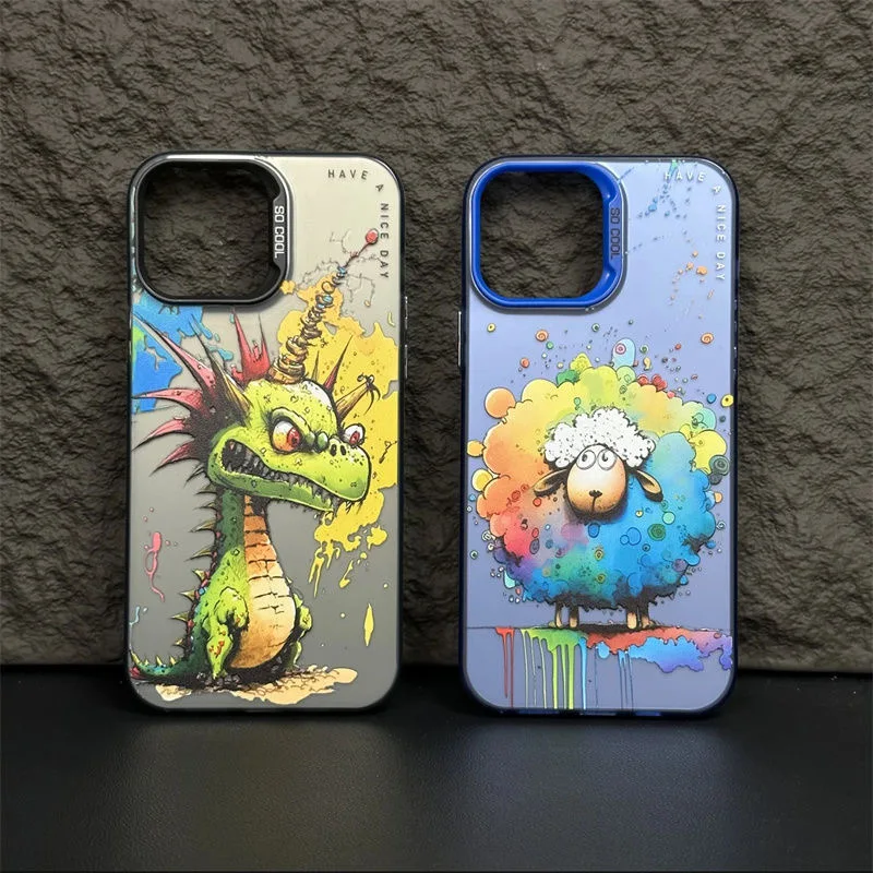 New Fashion Graffiti Painted iPhone Case for 14 Pro Max 13 12 Cartoon Animal Matte Laser Metal Electroplated Soft Silicone Case