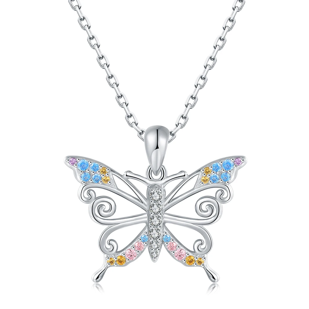 

925 Sterling Silver Butterfly Necklace With Multicolor Zircon Chain Pendant, Valentine's Day Jewelry Gifts For Women Girls Wife