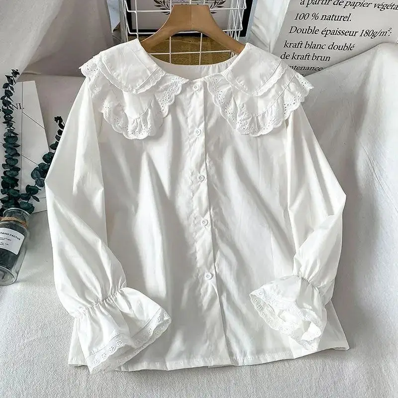 

Solid Simplicity Lace Patchwork Korean Blouse Long Sleeve Loose Fashion Shirt Tops Spring Autumn New Sweet Casual Women Clothing