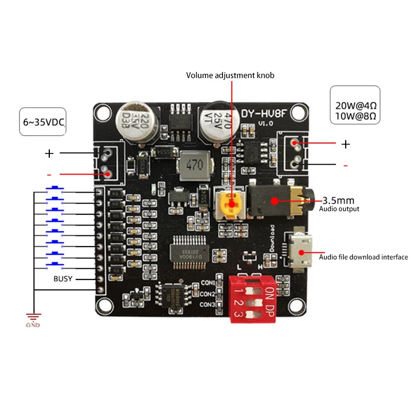 12V/24V Voice Playback Module Serial Port Control Playback 10W/20W Voice Module HV8F