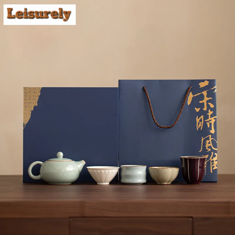

Five Famous Kilns Xishi Pot Tea Set Complete Set Antique Tea Ceremony Set Household Teapot And Tea Cup Set Cha Decoration Craft