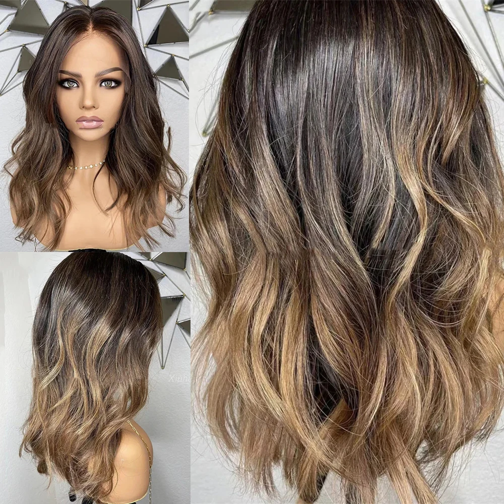 Ladies Party Wig Brunette Blonde Highlighted Lace Frontal Wig Synthetic Hair Futura Mixed 5% Human Hair Glueless HD Lace Wig