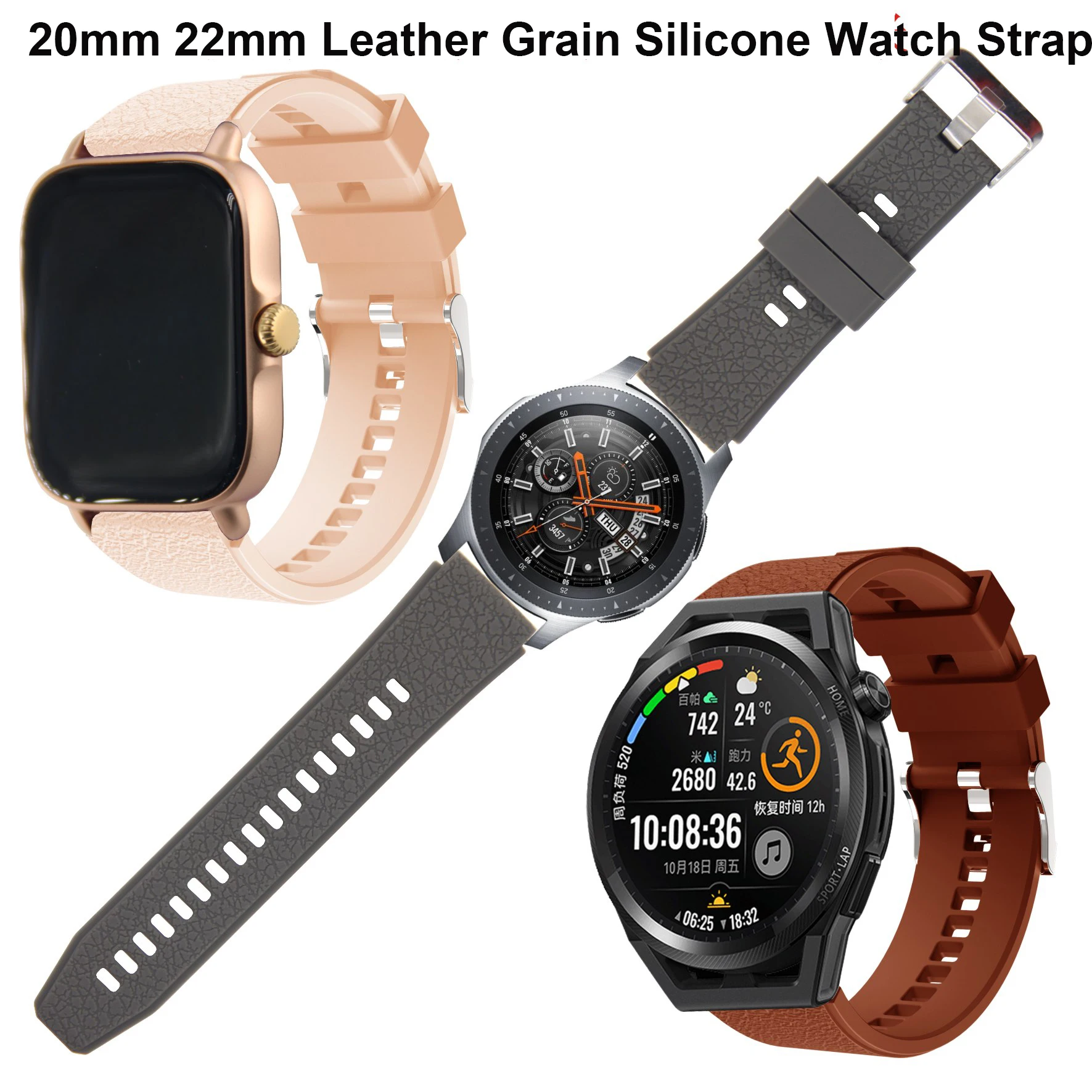 

20mm 22mm Universal Silicone Watch Strap With Leather Grain Quick Release Waterproof Washable Sport Smart Watch Band Men Women