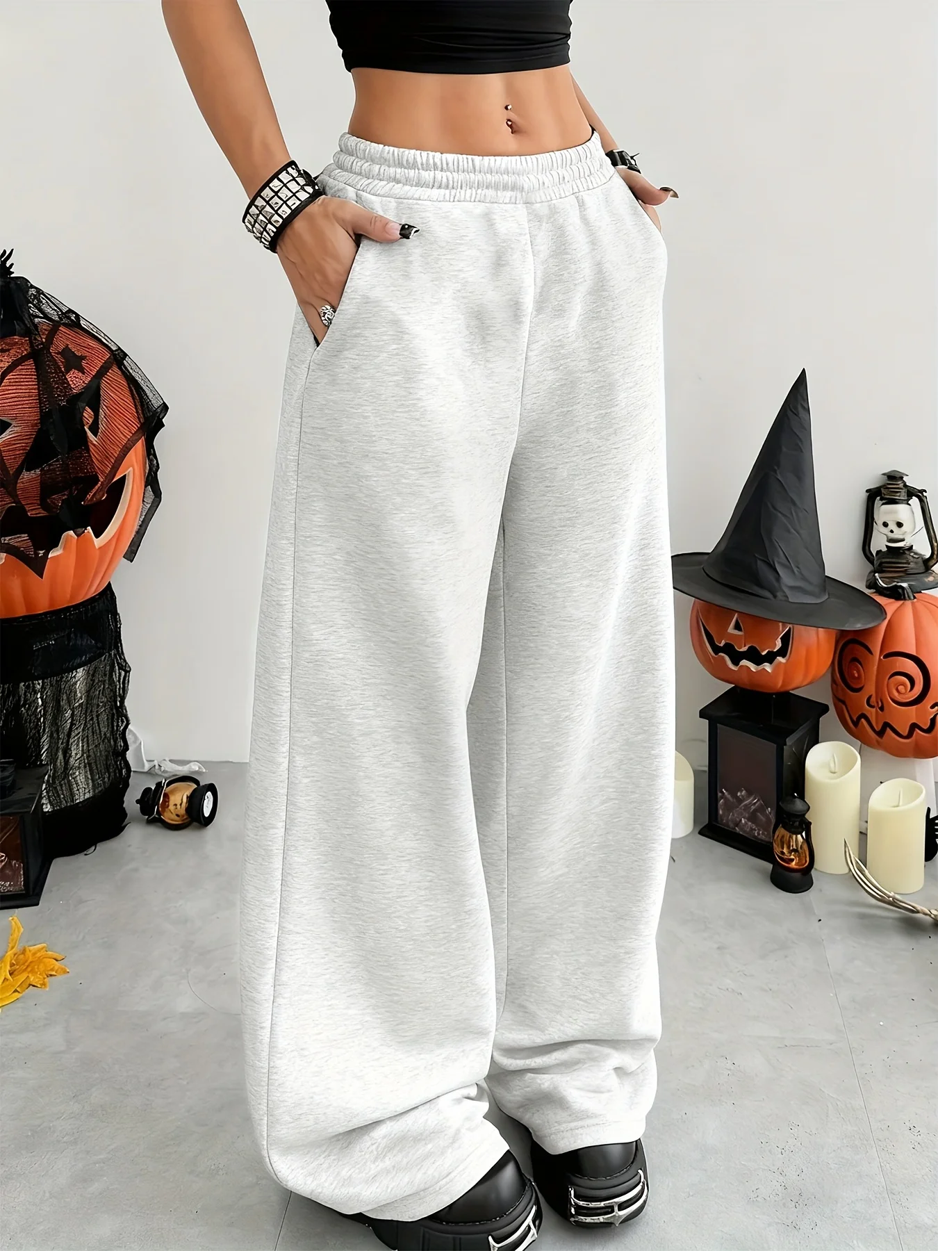 Women'S Casual Wide-Leg Joggers with Elastic Waistband Pockets Solid Color Stretchy Comfort Fit All-Season Comfort