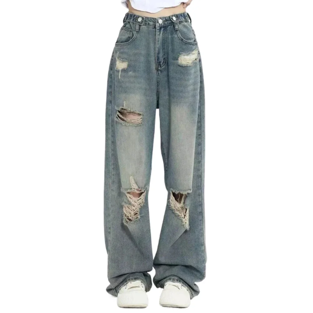 American Vintage Hole Y2k Women Jeans High Waist Jeans Wide Leg Baggy Loose Straight Hip Hop Streetwear Dragging Denim Pants