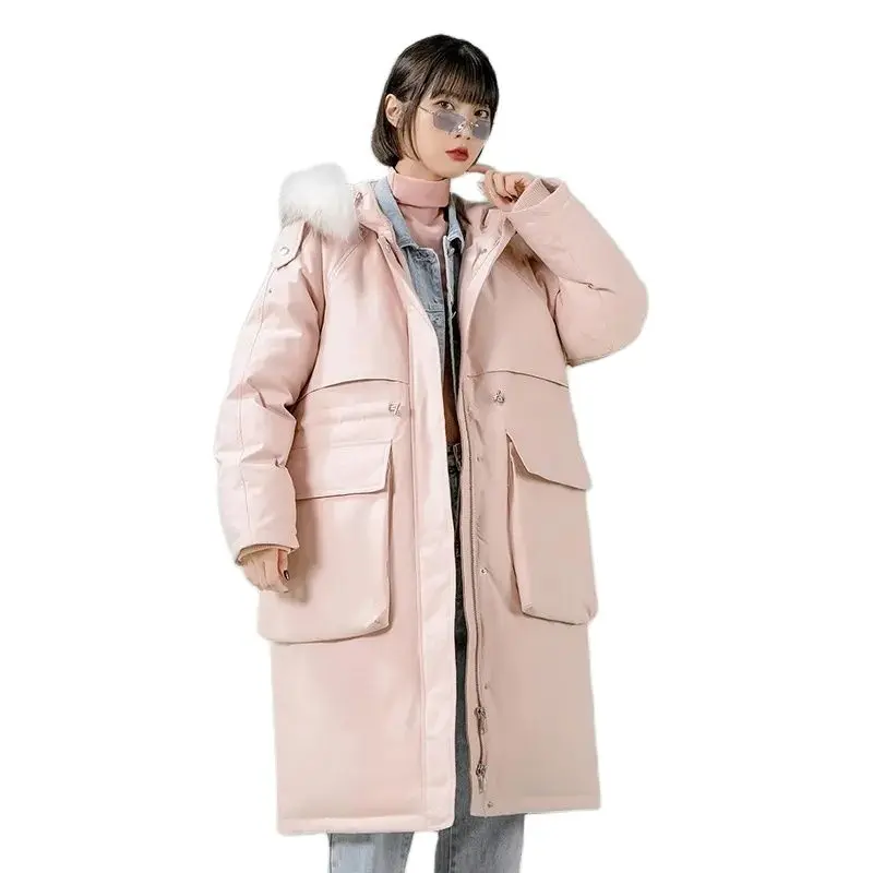 

Men's and Women Long Coat 2023 Winter New Casual Loose Extremely Cold True Large Fur Collar Park Waist Down Coat Solid Commuter