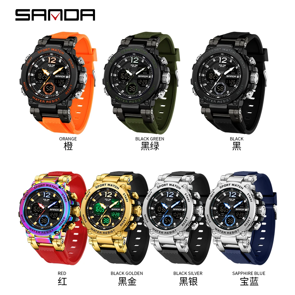 Fashion Sanda 6178 Top Brand New Men\'s Big Dail Sport Quartz Electronic Cool Multi Functional Waterproof Steel Band Watches