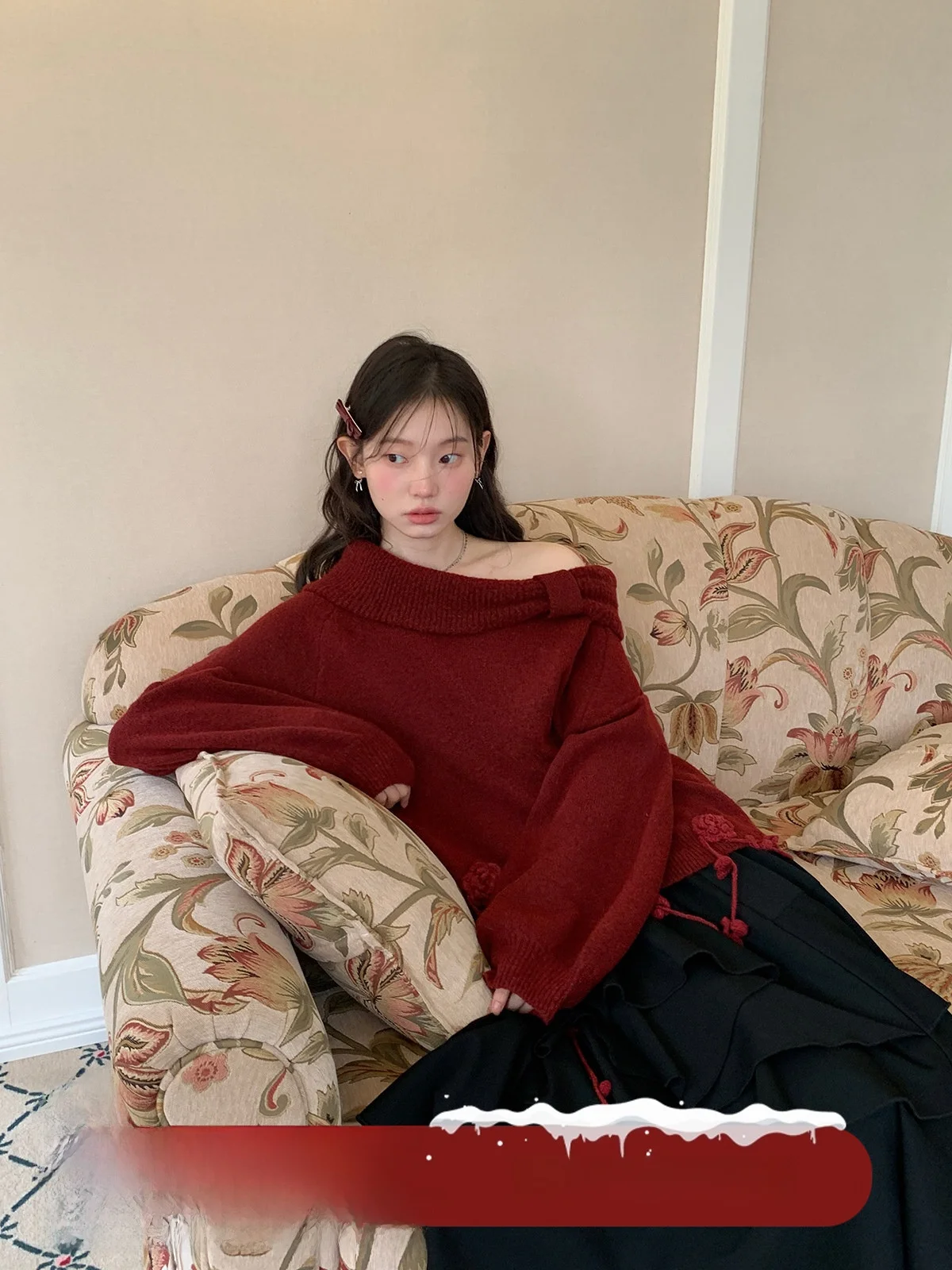 

Retro Cheese Day oulder Bared Sweater Winter Rose 3D Decoration Soft Top Late Red Tartan Loose Fit Daily Wear Polyester Blend