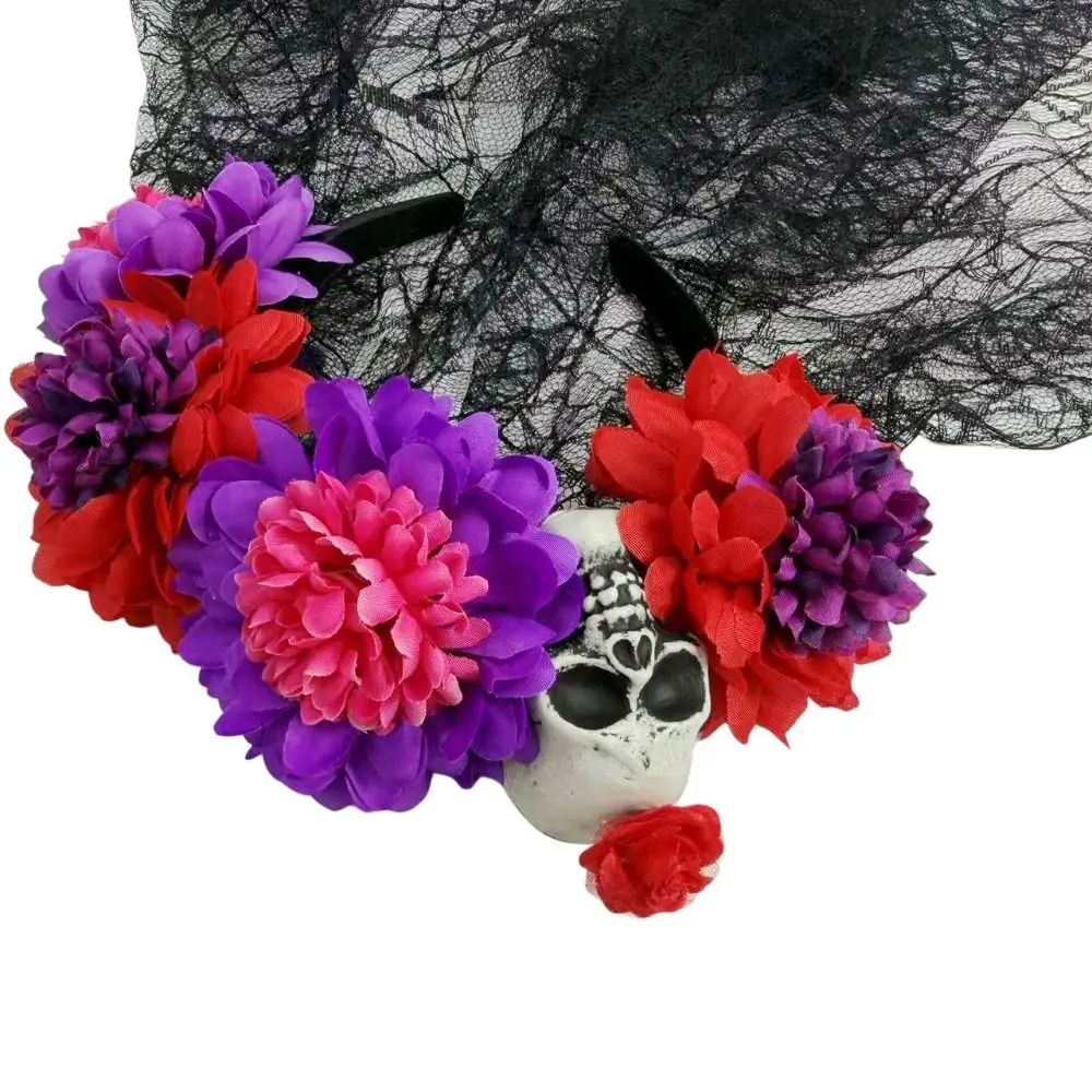 Artificial Flower Halloween Flower Headband Black Veil Lace Veil Halloween Skull Hair Hoop Lightweight Floral