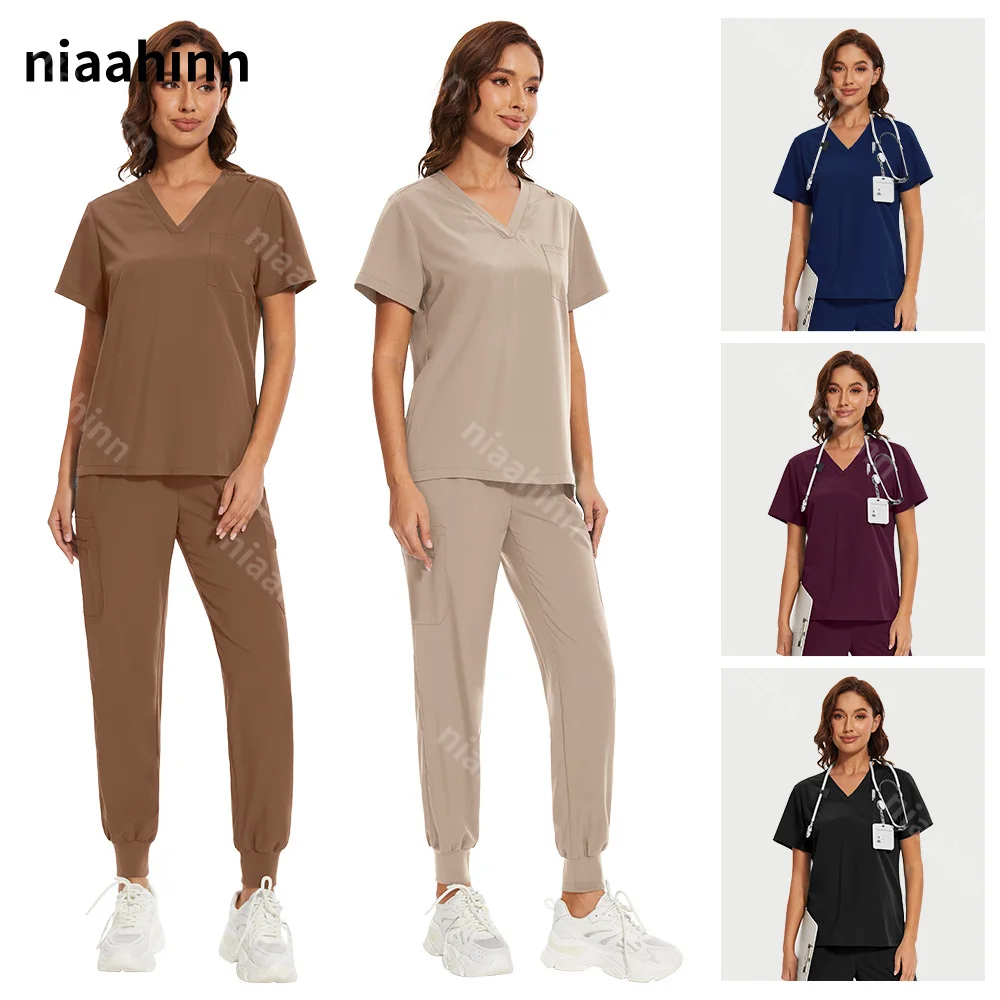 Niaahinn-Conjunto de ropa de trabajo para mujer, uniformes quirúrgicos, traje clínico de enfermería, TOP y pantalón para salón de belleza, Spa