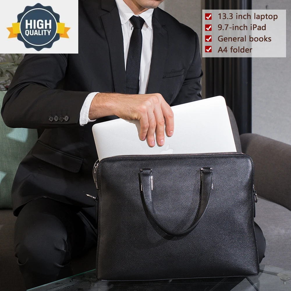 

Business Briefcase Men's Genuine Leather Laptop Bag For 13.3" Double Layers Male Handbag Travel Casual Shoulder 17613