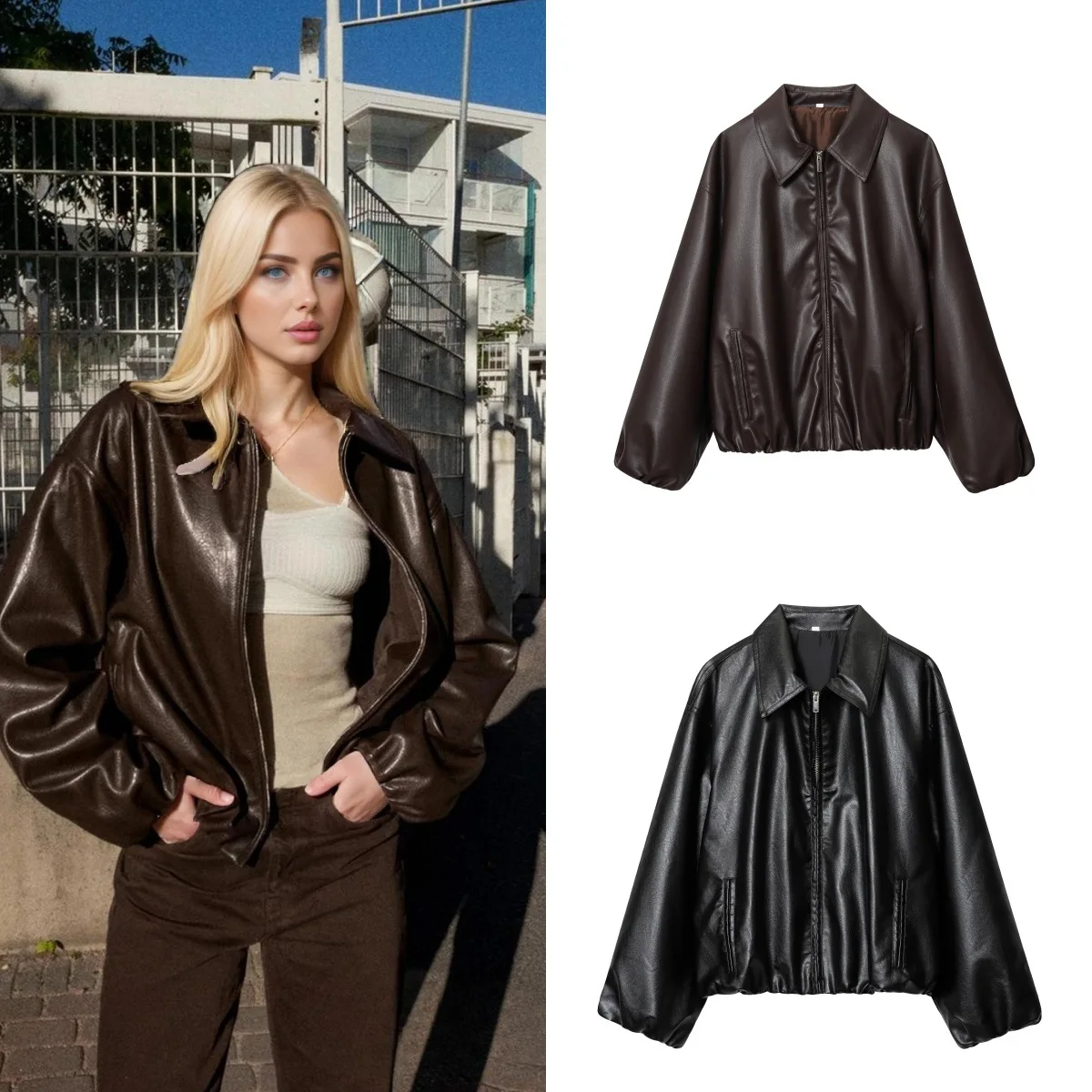 

Женская модная куртка-поло из искусственной кожи с длинным рукавом, мягкая верхняя одежда, Новое поступление, осенне-зимняя коллекция