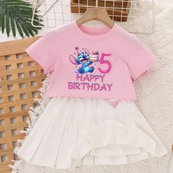 Girl Skirt Clothes Set Lilo Stitch T Shirt Pleated Skirt Toddler Outfits 2pcs Birthday Number Tees Kids Mini Dress Clothes Suit