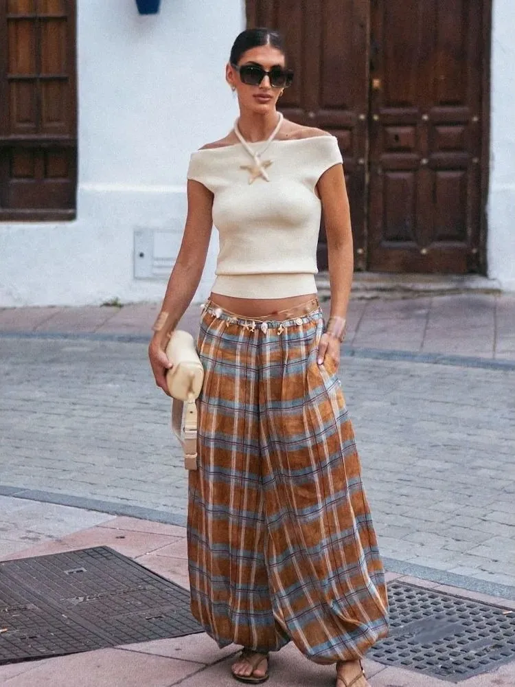 

Женские повседневные брюки-фонарики в клетку, прямого кроя, с завязками на талии, из других материалов, 100% свободный крой, не требуют глажки, для повседневной носки