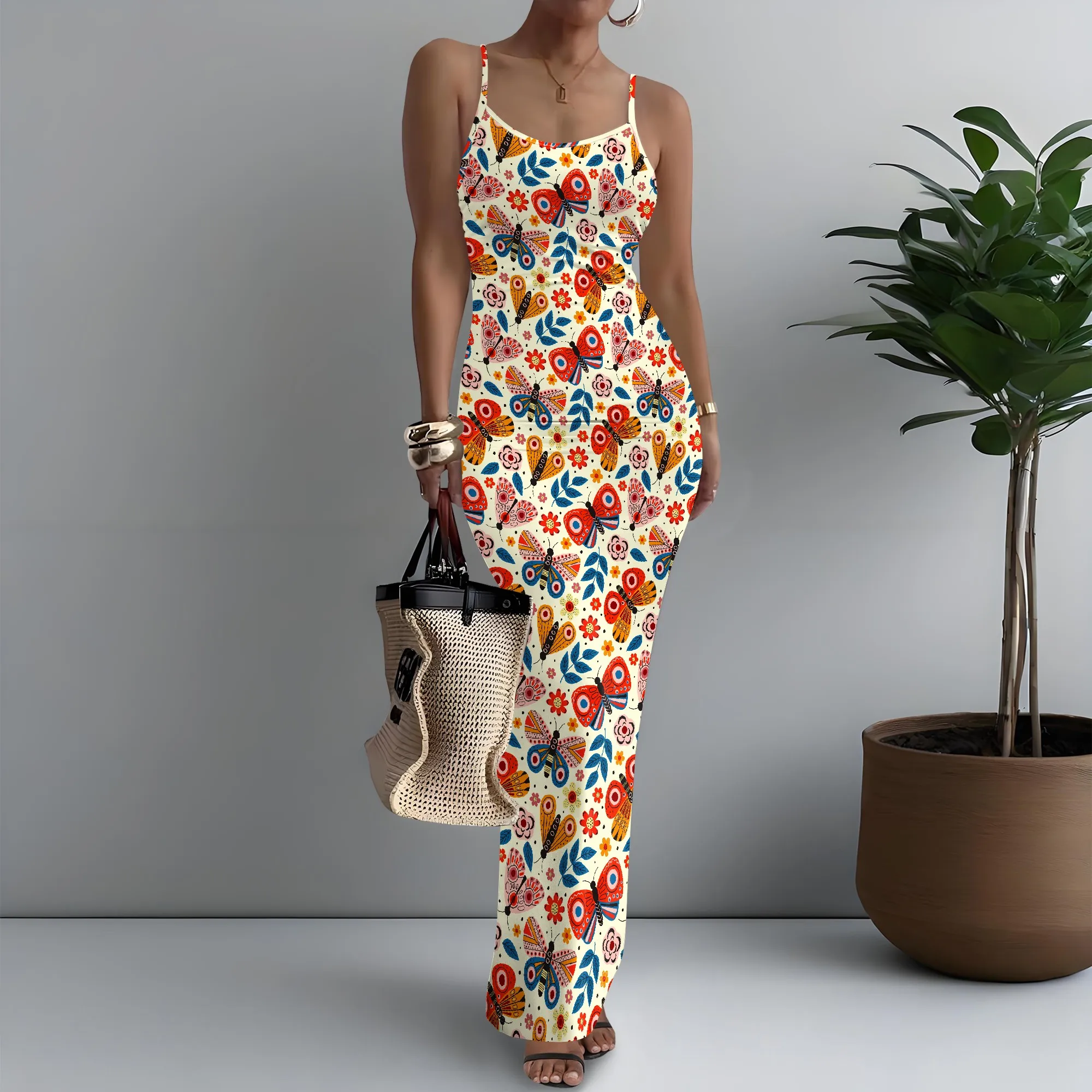 

Women's Spaghetti Strap Maxi Dress Girly Butterfly Print Cute Playful XS-3XL